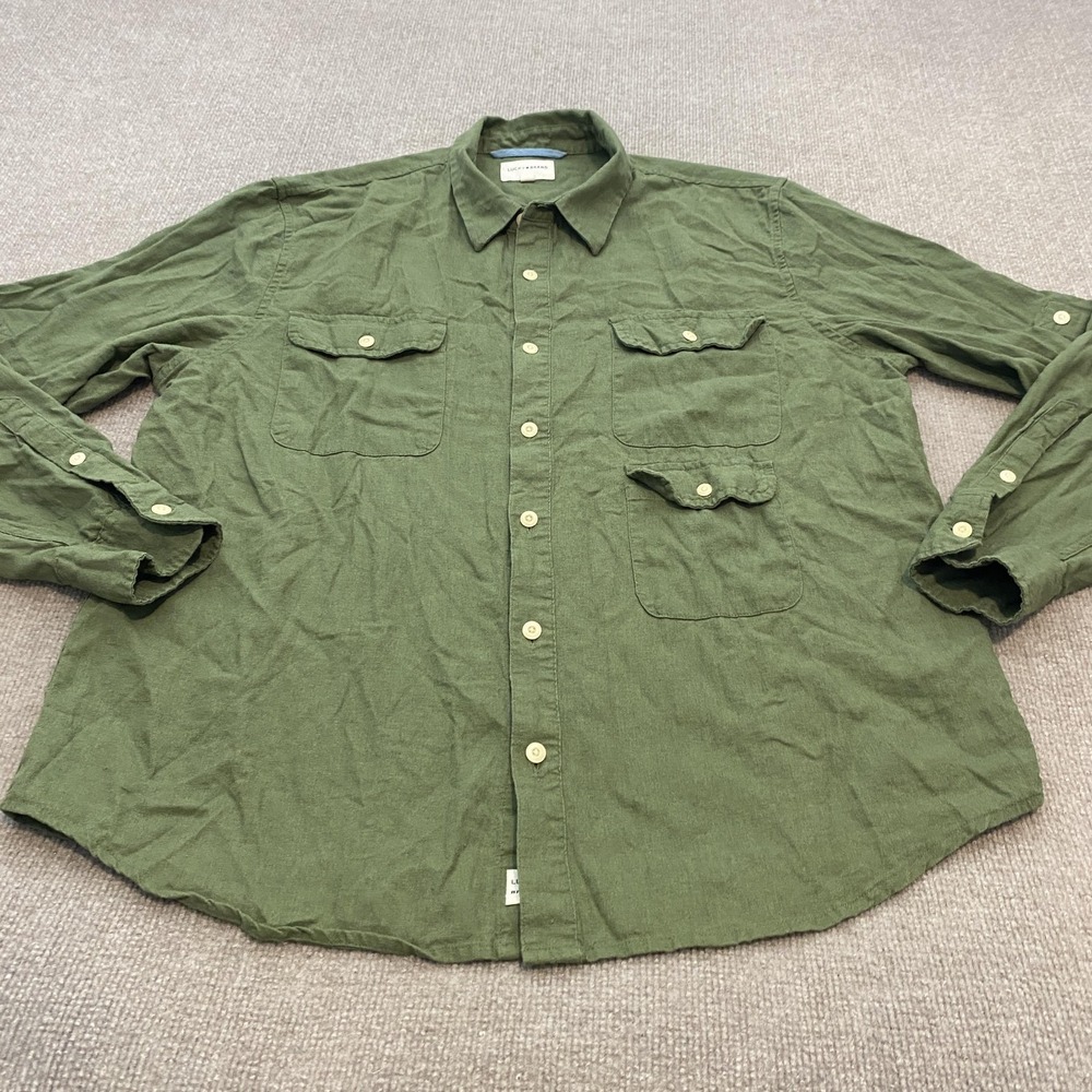 Lucky Brand Shirt Mens XL Green Linen Viscose Long Sleeve Button Front Army